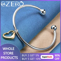 ALIZERO 925 Sterling Silver Gold Heart Opening Bangle Bracelet For Women Man Wedding Engagement Party Jewelry Accessories