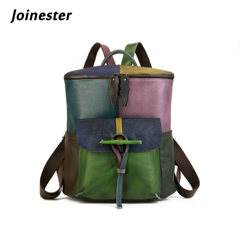 Color Block Genuine Leather Backpack Fashion Travel Bag for Girls Anti-Theft Lap Top Bags Large Capacity Schoolbag