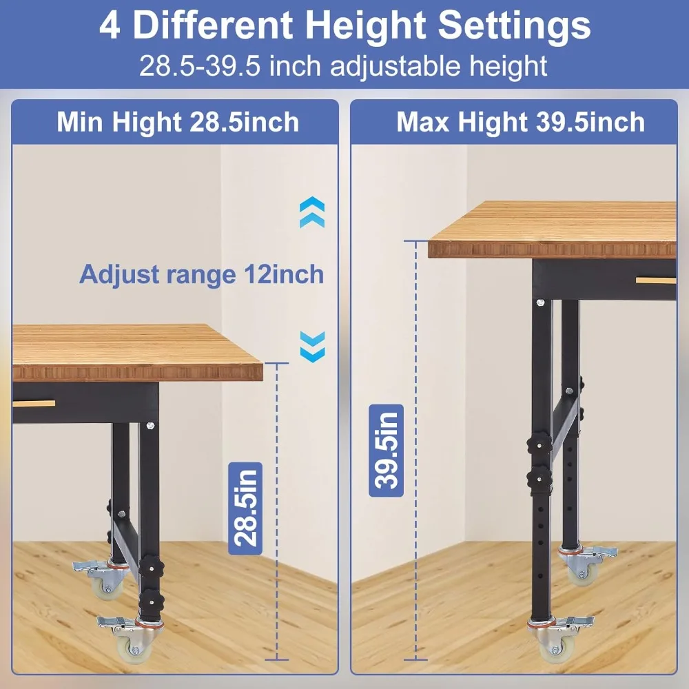 Work Bench, 60” Adjustable Workbench, Heavy Duty Bamboo Workbench Garage Work Table, 2700 LBS Load Garage Work Bench