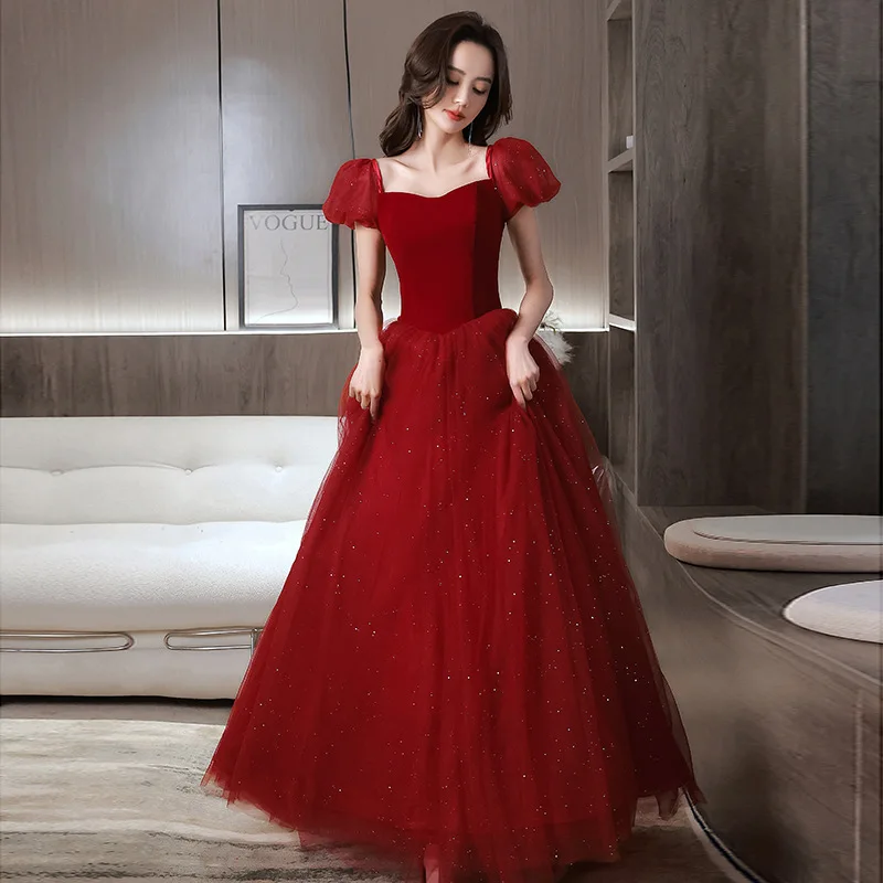 Elegant Burgundy Chiffon Square Collar Puff Sleeve Back Bandage Bride Gowns Party Banquet Female Stage Show Dresses Cheongsam