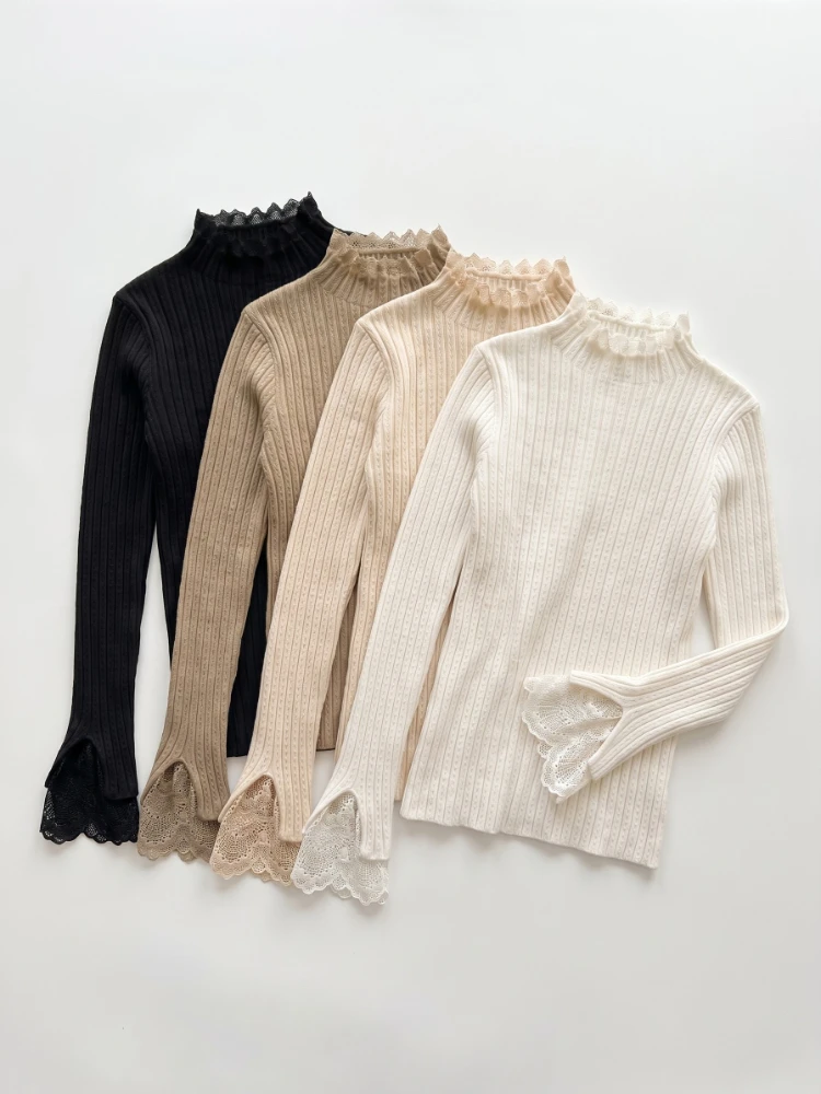 Turtleneck Skinny Elastic Knitted Women Pullovers Autumn Winter Female Long Sleeve Knit Patctwork Lace Sweater Solid Color Tops