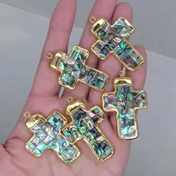 5 Pcs Multi Color Abalone Shell 30x45mm Crucifix Pendant Gold Plated For Jewelry Making