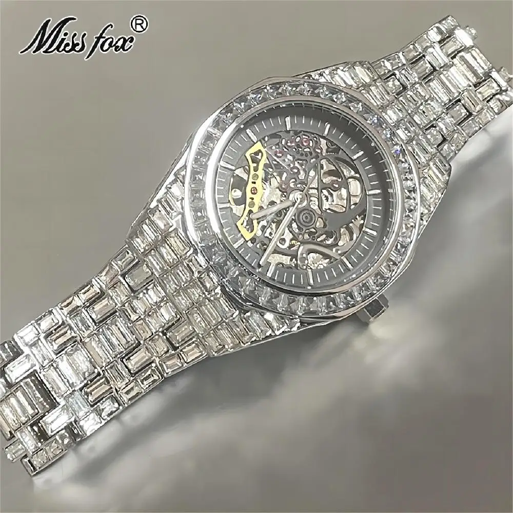 Hip Hop MISSFOX orologi meccanici automatici da uomo Full Square Diamond Silver Bling Watch Tourbillon AAA orologi Relógio Masculino