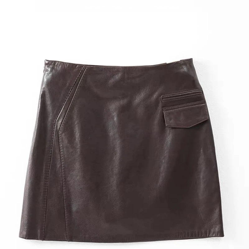Mini jupe en cuir véritable pour femmes, haut de gamme, 100% peau de mouton, courte, Sexy, devant en forme de A, bordeaux
