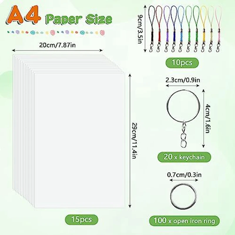 Набор брелоков-15 термоусадочных листов для печати, 20 брелоков, 100 раздельных колец и 5 зажимов-карабинов, сделай сам для детей, простая установка