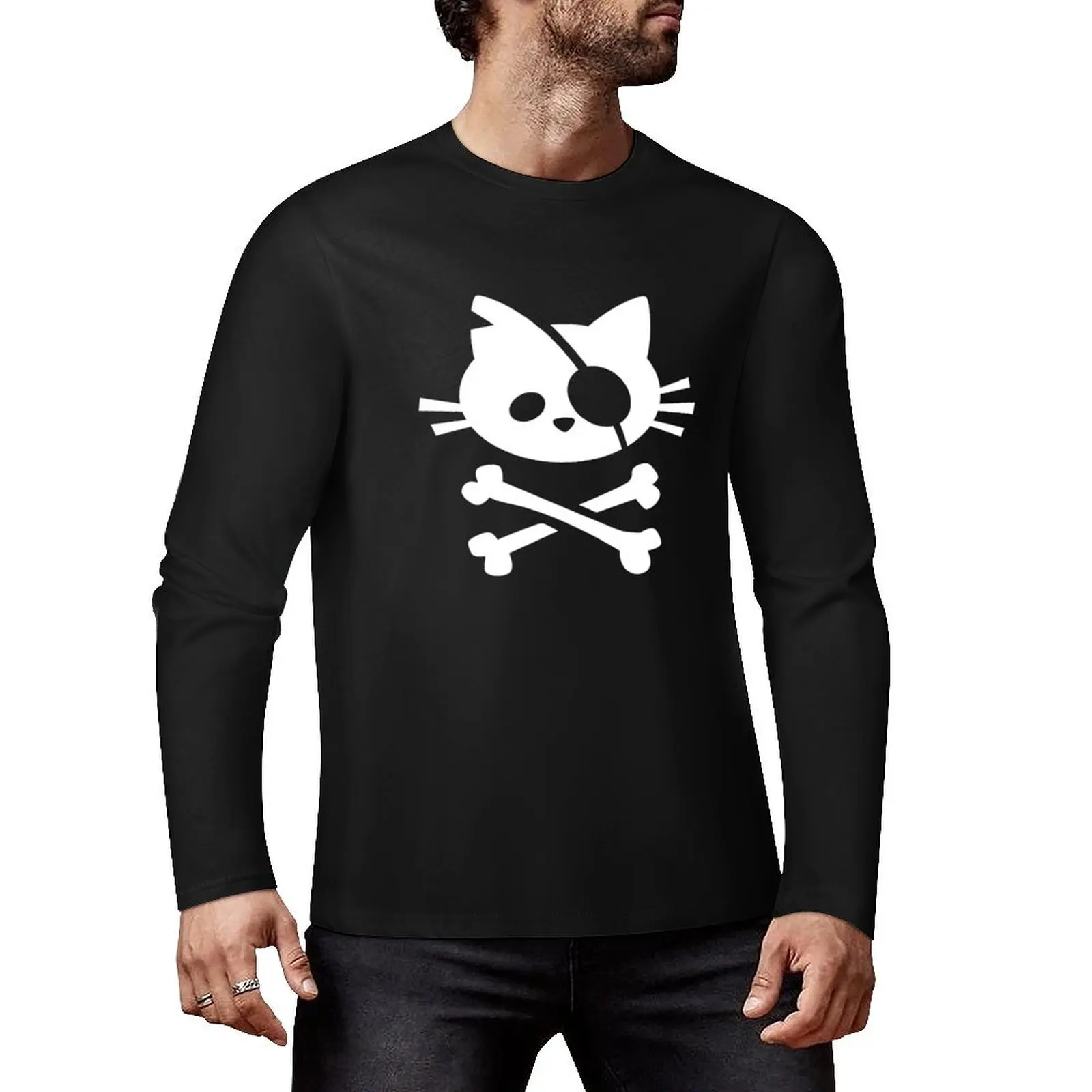 Cute Pirate Cat Skull and Crossbone Long T-Shirt graphic t shirts funny t shirt custom t shirt heavy weight shirts for men