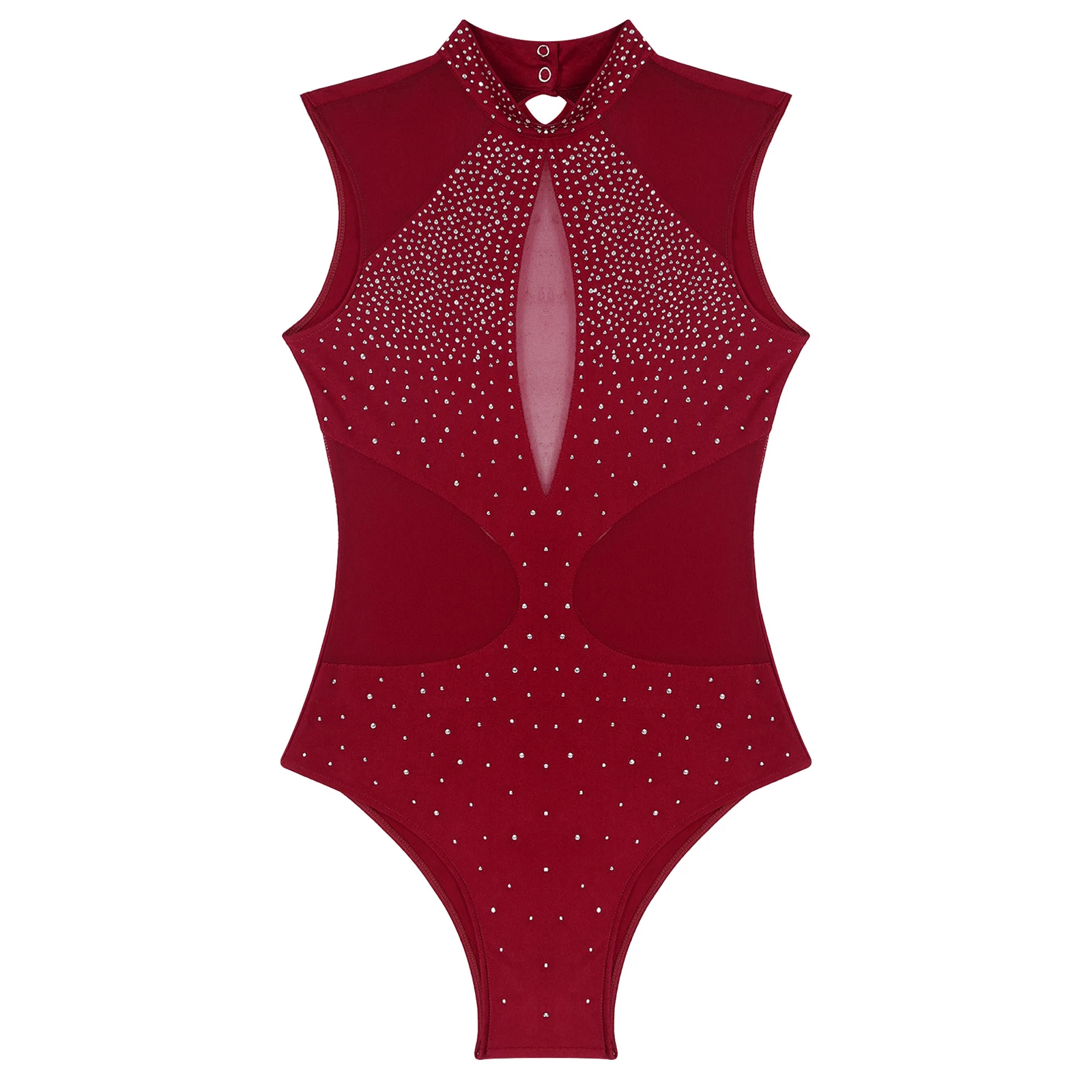 Bodysuit de malha pura sem mangas para mulheres, strass brilhantes, patinação artística, ginástica, acrobacia, balé, performance de dança, collant