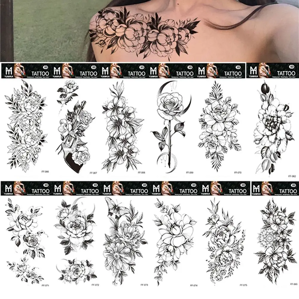 Large Men Peony Rose DIY Water Transfer Decals Fake Tattoo Body Art Stickers for Body Arm Leg Black Flowers Temporary Tattoo