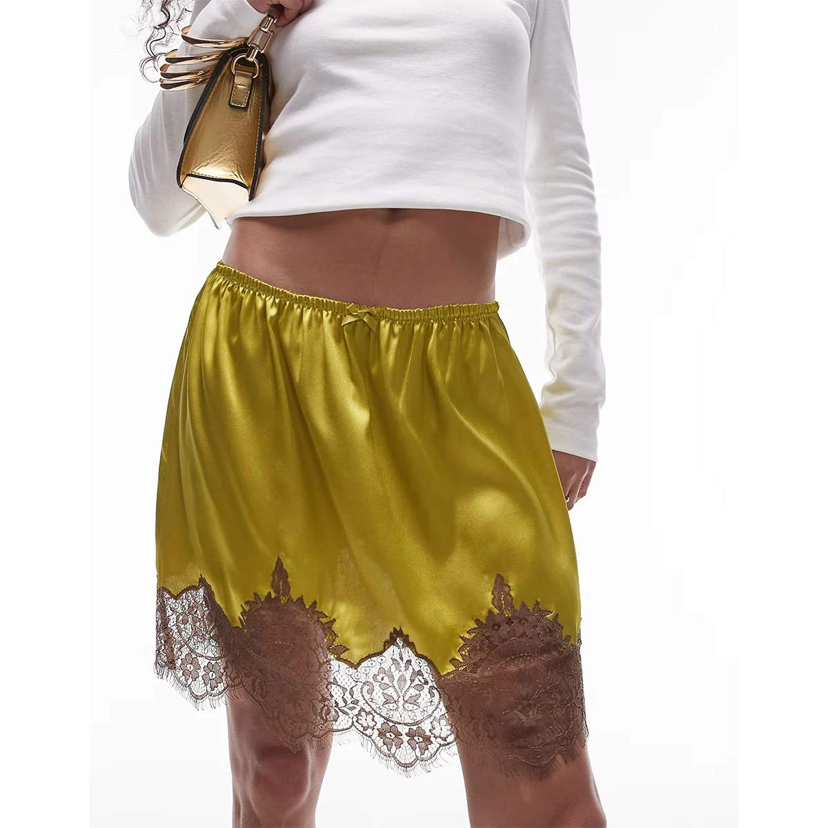 Y2k منخفضة الارتفاع ألف خط نصف زلات التنانير شيك المرأة الساتان زلة تنورة صغيرة الدانتيل تقليم المرقعة حريري تنورة خمر الشارع الشهير #5