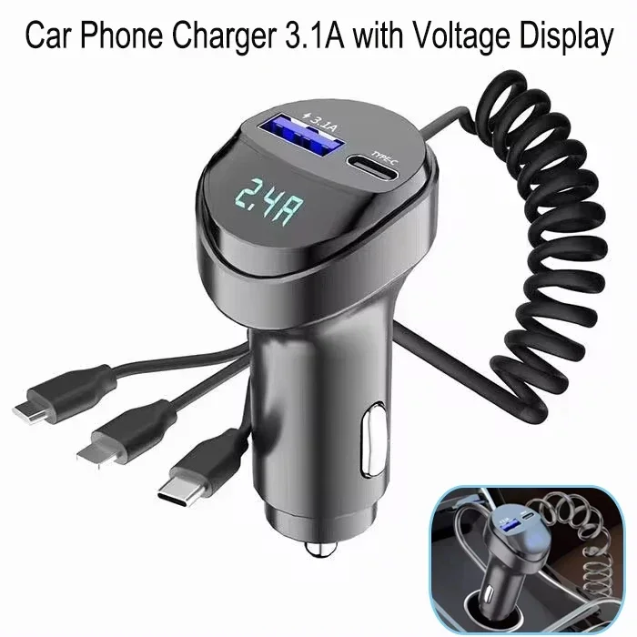 55W 2 Ports USB Fast Car Phone Charger 3.1A with Voltage Display Car Three In One USB Retractable Charging Cable 