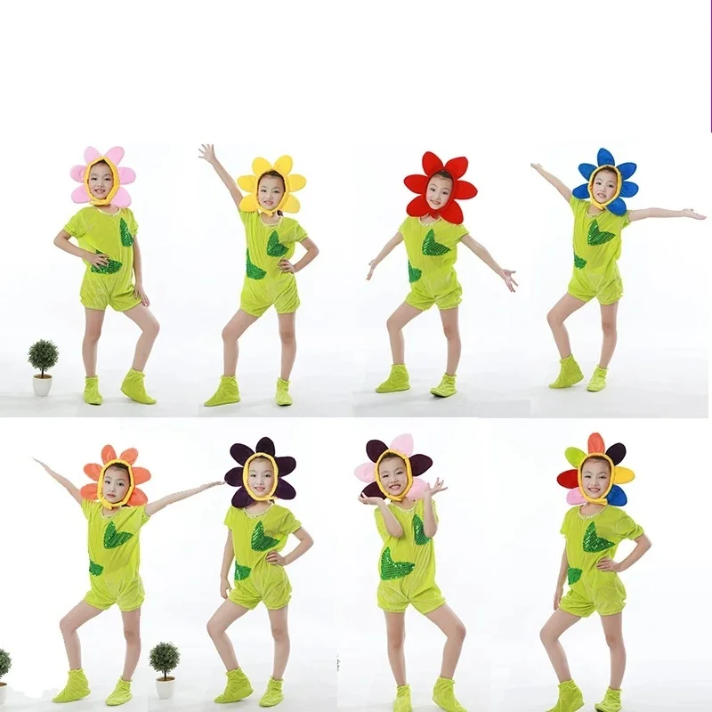 

Костюм для танцев с элементами деревьев, трав, зеленых и семицветных подсолнухов для девочек и мальчиков, детская сценическая одежда для фестивалей и праздников