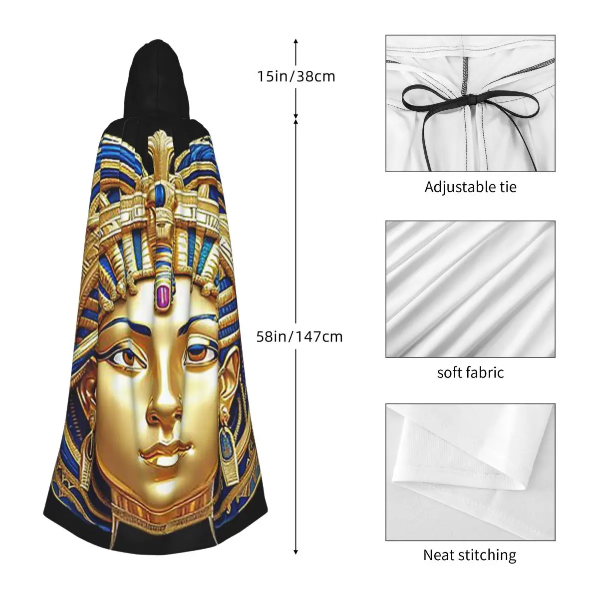 الملكة المصرية الذهبية الزخرفية خمر نظرة طويلة مقنعين عباءة الساحرة زي تأثيري كيب هالوين مصاص دماء الكبار للجنسين