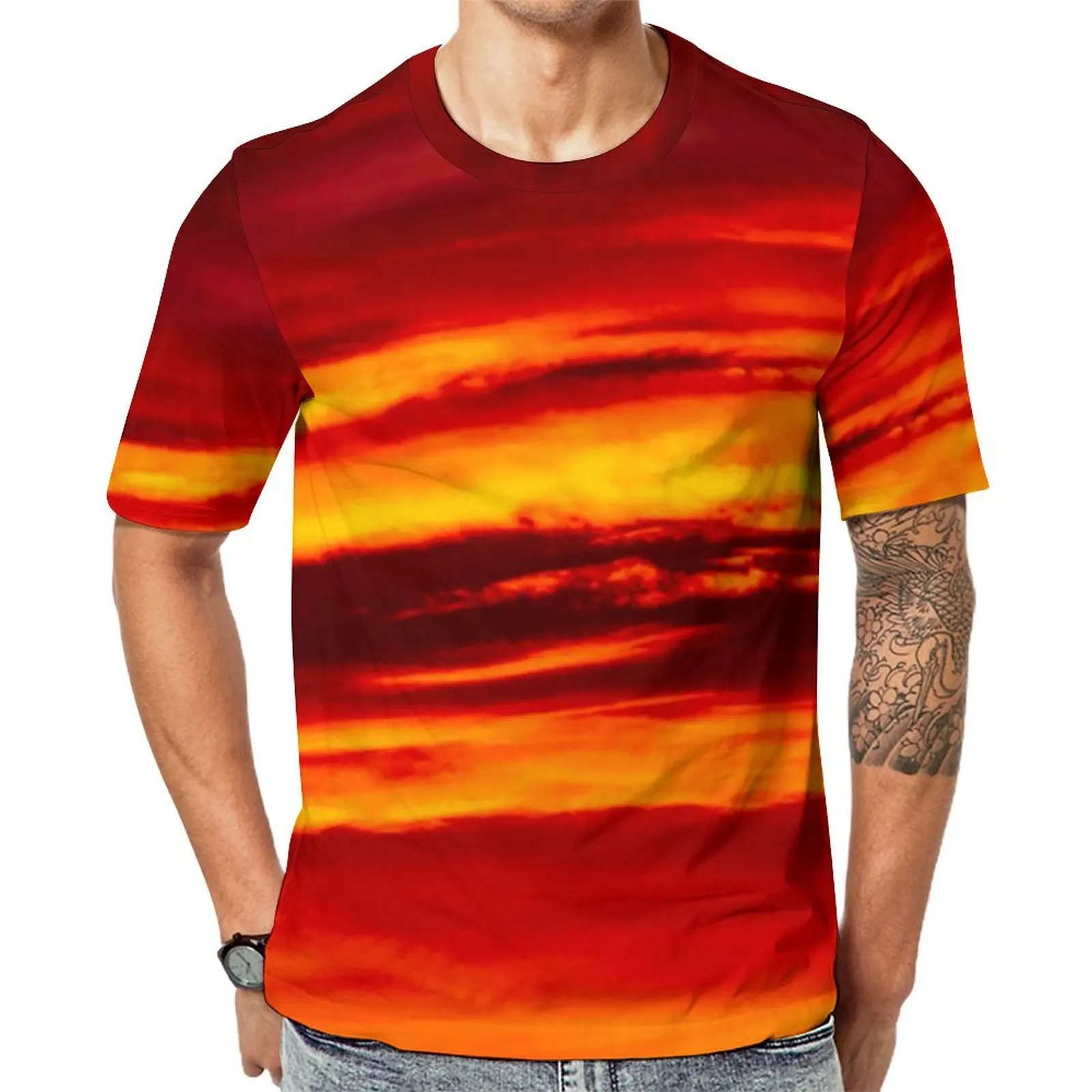 Beach T-Shirt Bright Red Sunset T Shirts Colorful Sky Funny Vintage Tee Shirt For Men Short Sleeve Graphic Oversize Clothing