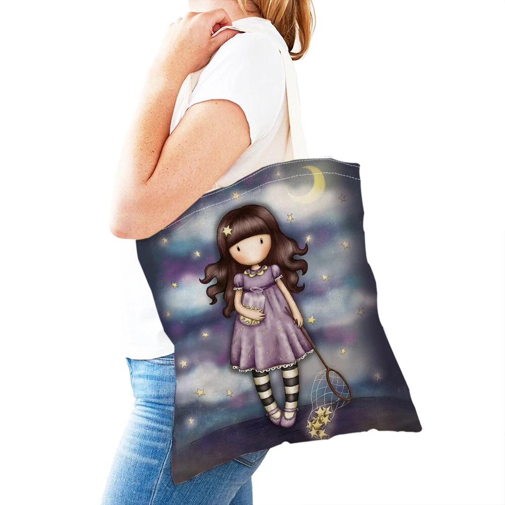 Casual Fairy Tale World Lovely Child Shopping Bags Cute Cartoon Girl Double Print Reusable Eco Canvas Shopper Bag Handbag Tote