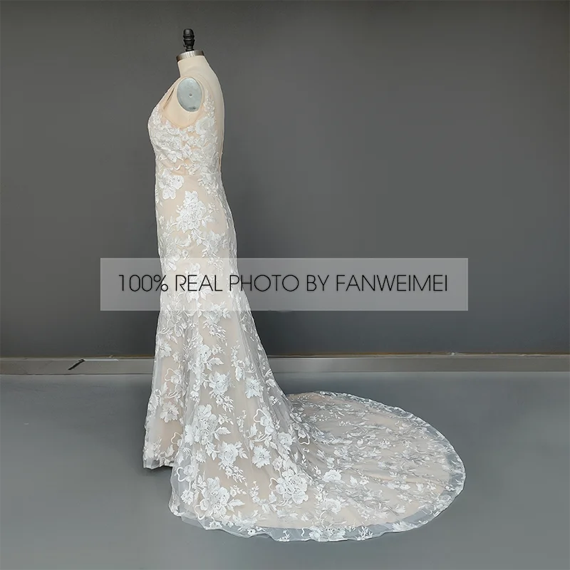 Real Photo V-hals Backless Champagne Kant Bohemian Bridal Bruiloft Trouwjurk Bruidsjurk Goedkope Fabriek Prijs