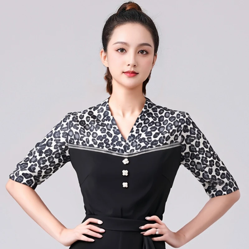 Adultes manches courtes haut de danse latine femmes vêtements de danse moderne femme léopard salle de bal haut de danse vêtements de pratique DW10811