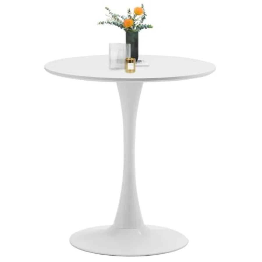 

White Round Dining Table 27.6 Mid-Century Style Kitchen Table for 1-2 People with MDF Top and Metal Base Ideal for Home Dining