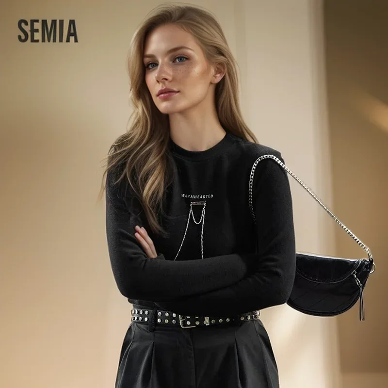 Semir T-shirt Women Black Simple Design 2024 Spring Winter Long-sleeved  New Style Personalized Round Neck Casual Tee shirt