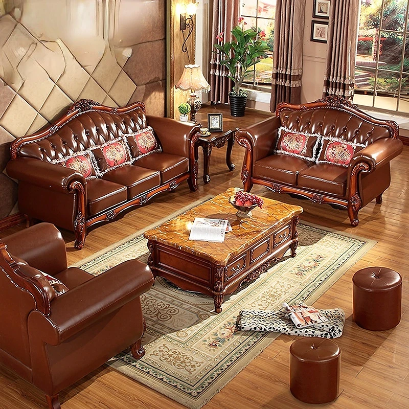 European Genuine Leather Sofa 123 Living Room Combination American Rural Solid Wood Small Household Head Layer Cowhide