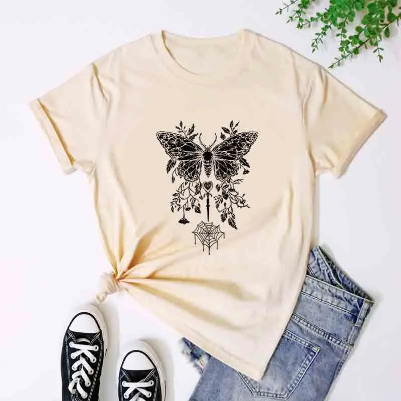 Pentagram Moth and Spider Web T-shirt, Cute Yet Eerie Y2K Pastel Gothic Style, Pastoral Dark Preppy Style Alternative Punk Style view 6