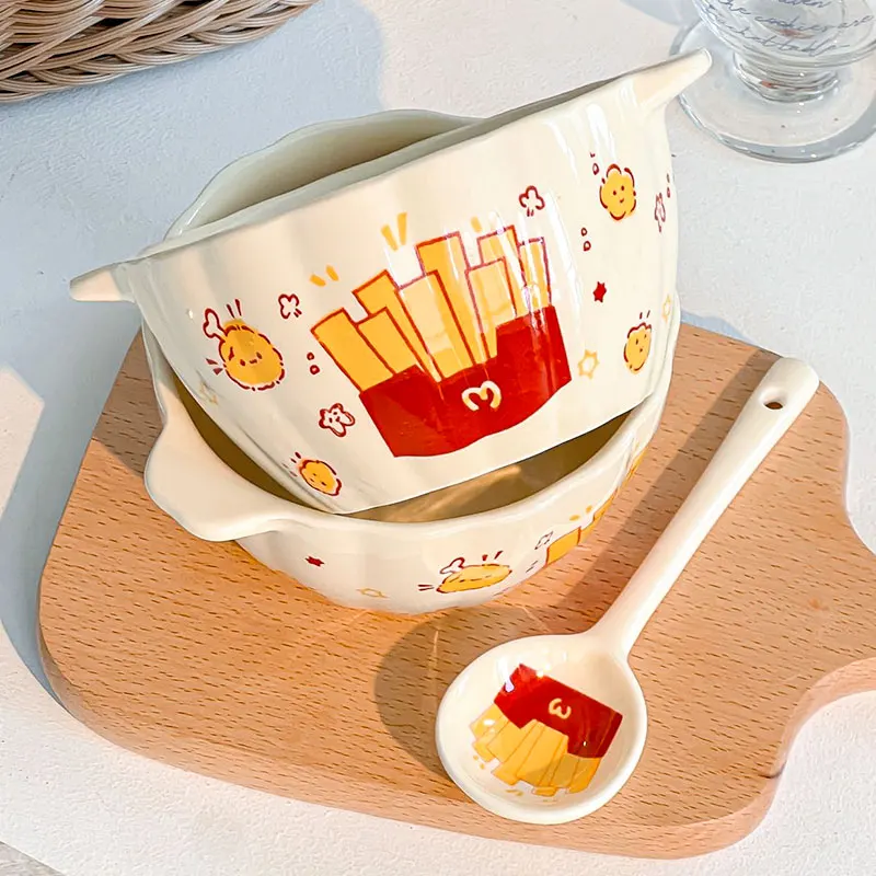 1 tigela + 1 conjunto de colher: linda batata frita cerâmica tigela de alça dupla com colher, para salada, frutas, sopa, cereais, arroz, macarrão
