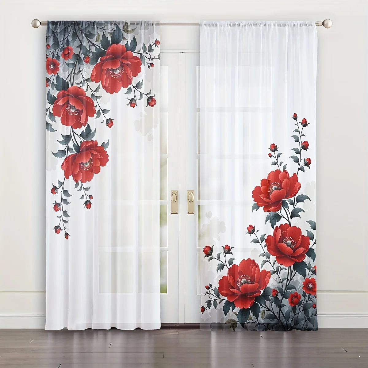 2 Panels Red Peony Sheer Curtains White Base Dark Green Leaf Vine Floral Print Drapes Elegant Retro Living Bedroom Window Decor