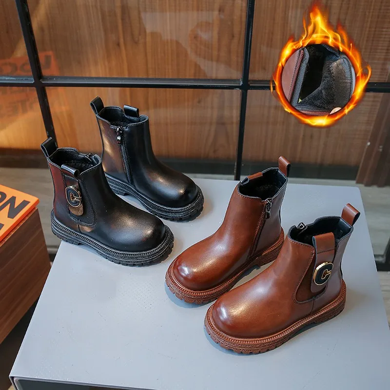 

2025 New Kids Short Boots Fashion Boys Shoes Autumn Winter Leather Children Boots Non-Slip Toddler Girls Boot Toddler Snow Shoes
