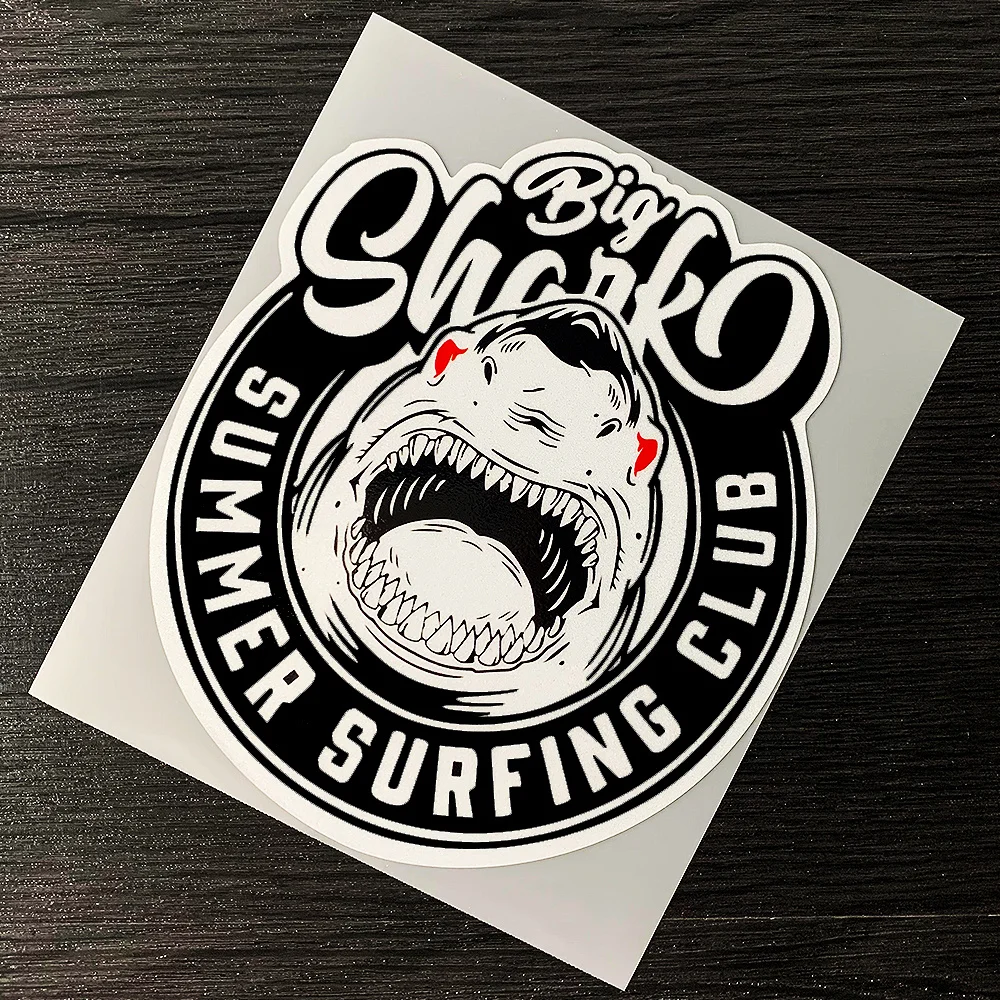 1pc Big Shark Summer Surf Club Sticker Retro Round Shark Graphic Vinyl Decal Self-adhesive for Car Motorcycle Laptop Water
