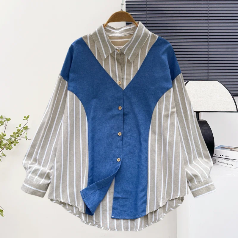 

New,European,Clothes,Loose,Blouse,Chic,Sexy,Polo collar,Patchwork,Stripe,Single-breasted,Women,Long Sleeve,Shirt,Casual,Tops,570