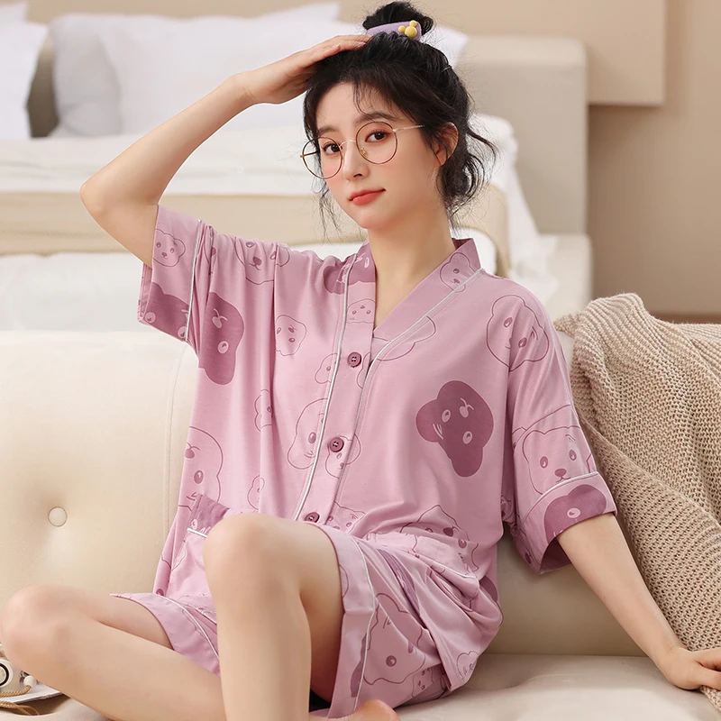 

Newest Big Size M-5XL Summer Women V-neck Sleepwear Women Cute Cartoon Pajamas Set