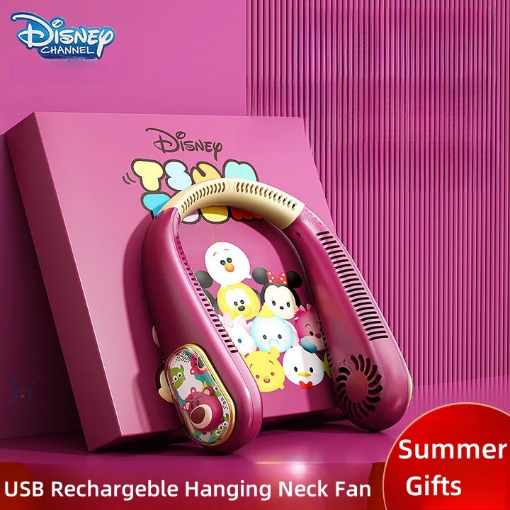 

Disney USB Rechargeble Hanging Neck Fan Mini Strawberry Bear Portable Fan Bladeless Mute Air Conditioning Cooler For Sports Fan