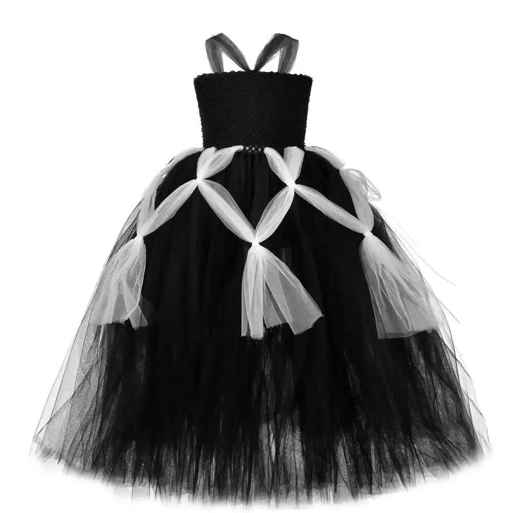 Black Spider Web Hallloween Costumes for Girls Witch Long Tutu Dress for Kids Carnival Party Outfit Children Deguisement Clothes