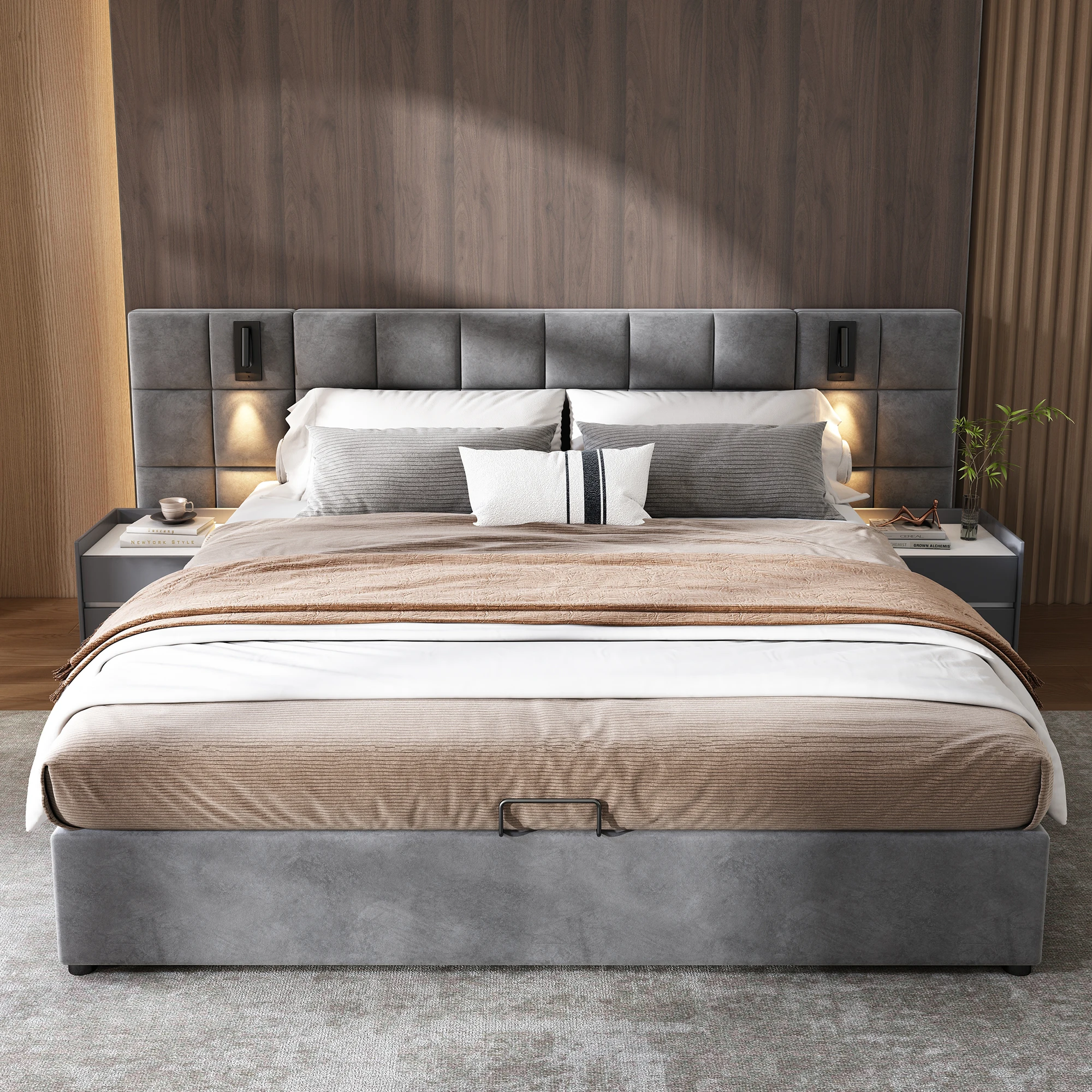 180/160/140*200cm,Upholstered Bed, Hydraulic Storage Bed, With Directional Light And USB Charging, Large Foam-filled Headboard,