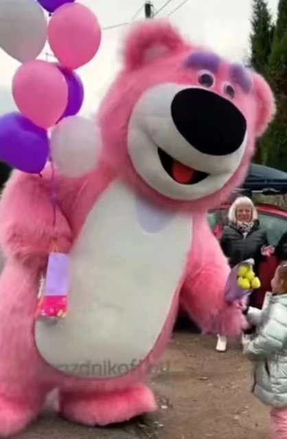 Neues aufblasbares rosa haariges Erdbeerbär-Kostüm-Maskottchen für Werbung, Weihnachten, Halloween, Erwachsene, Fursuit, pelzig