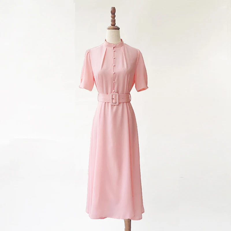 Princess Kate Middleton Pink Solid Dress Elegant OL Office Ladies Dresses 98008