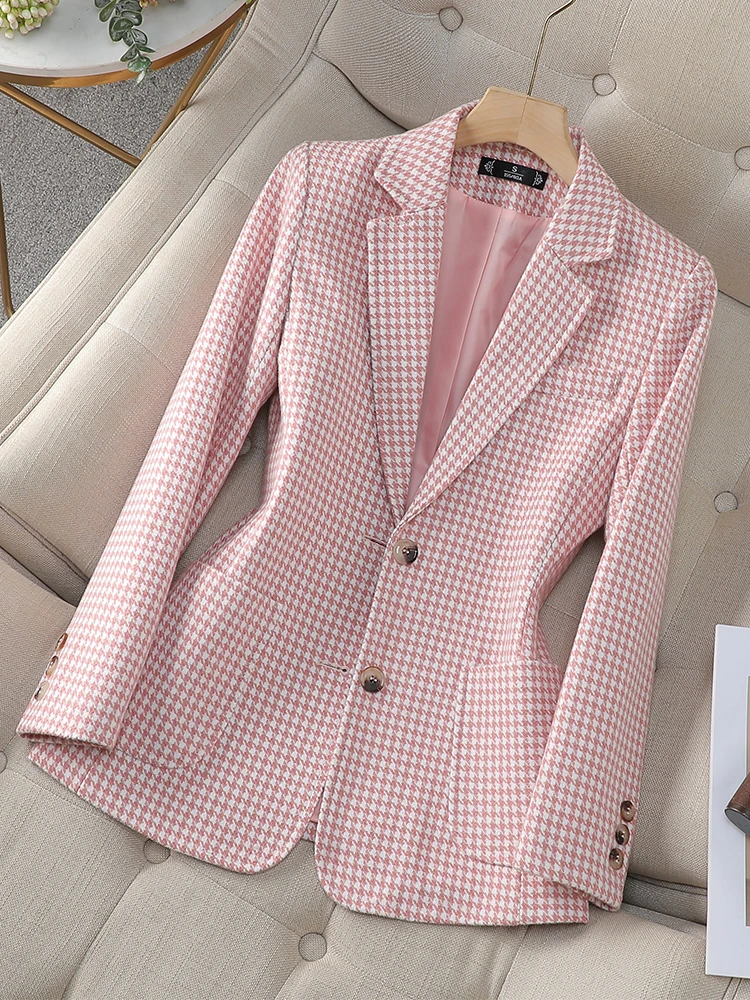 

Gray Pink Coffee Plaid Women Blazer Ladies Long Sleeve Female Slim Casual Jacket For Autumn Winter JJ1047