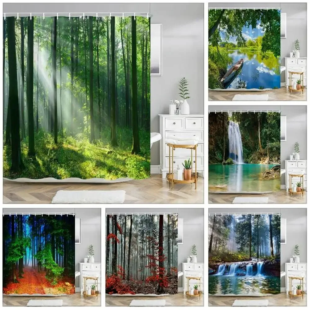 Forest Waterfall Landscape Shower Curtain  Nature Landscape Greenery Autumn Red Leaves  Home Cloth Bath Curtains Bathroom Decor