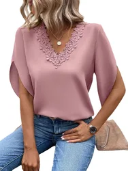 Women's Summer New Solid Lace V-neck Flare Sleeve Loose Fitting Shirt Elegant Fashion Casual Chiffon Versatile Pullover Shirt