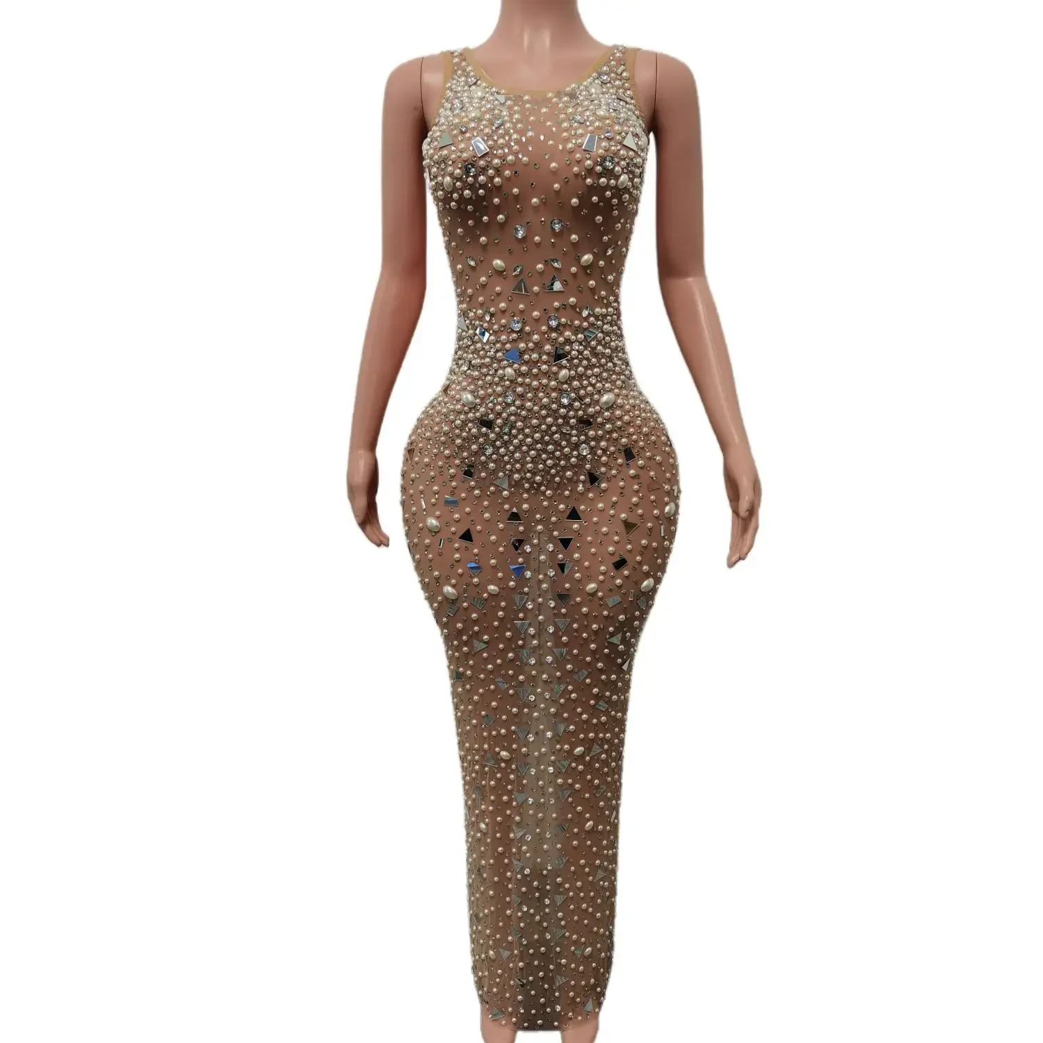 

Sexy Stage Sparkly Pearls Crystals Mesh Long Dress Women Birthday Celebrate See Through Mesh Dress Stage Costume Dance Outfits