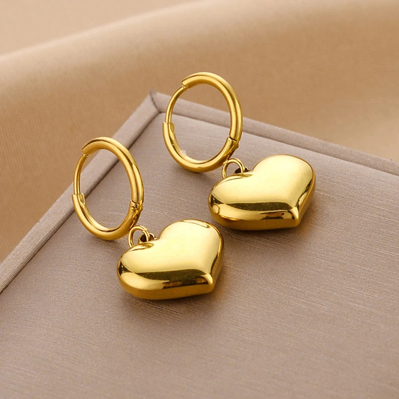 Stainless Steel Love Heart Hoop Earrings for Women Simple Charm Metal Gold Color Piercing Earrings