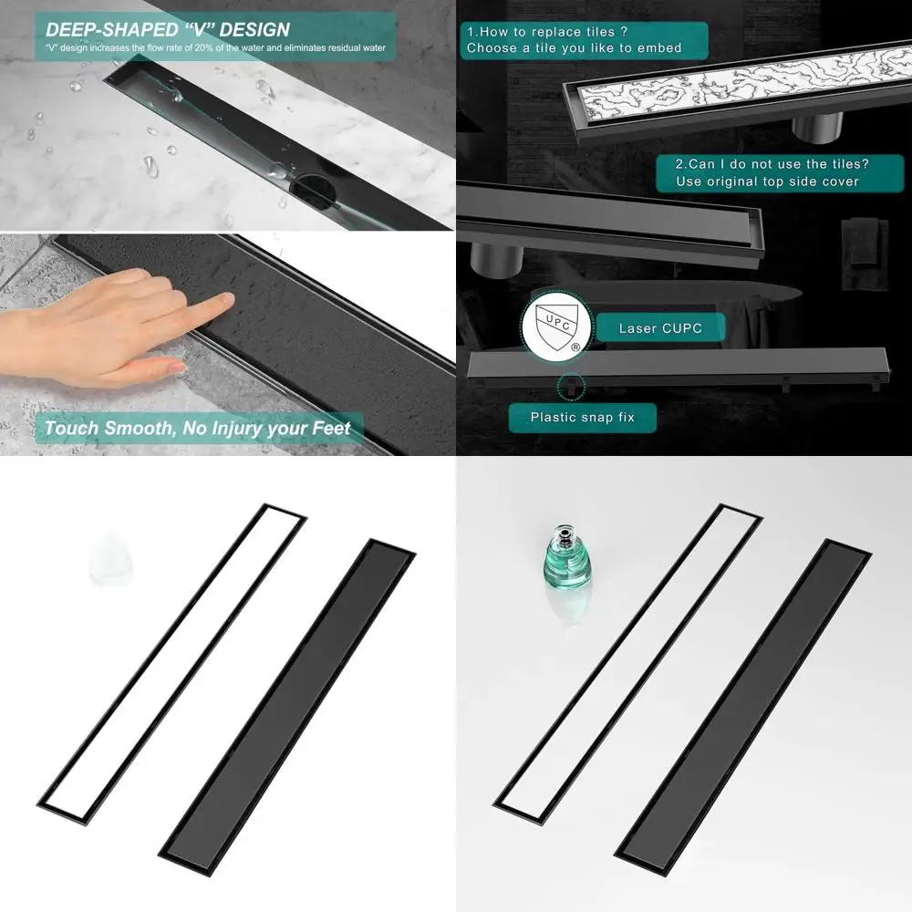 

Matte Black 36 Linear Shower Drain with Reversible Tile Insert Cover, Rectangular 304 Stainless Steel Floor Drain, CUPC Certifie