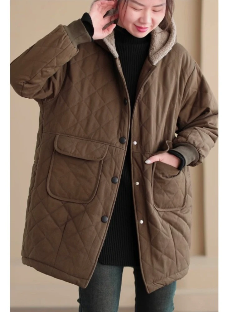 Retro diamond patterned lamb wool hooded cotton jacket women winter new loose and thick warm mid to long length coat