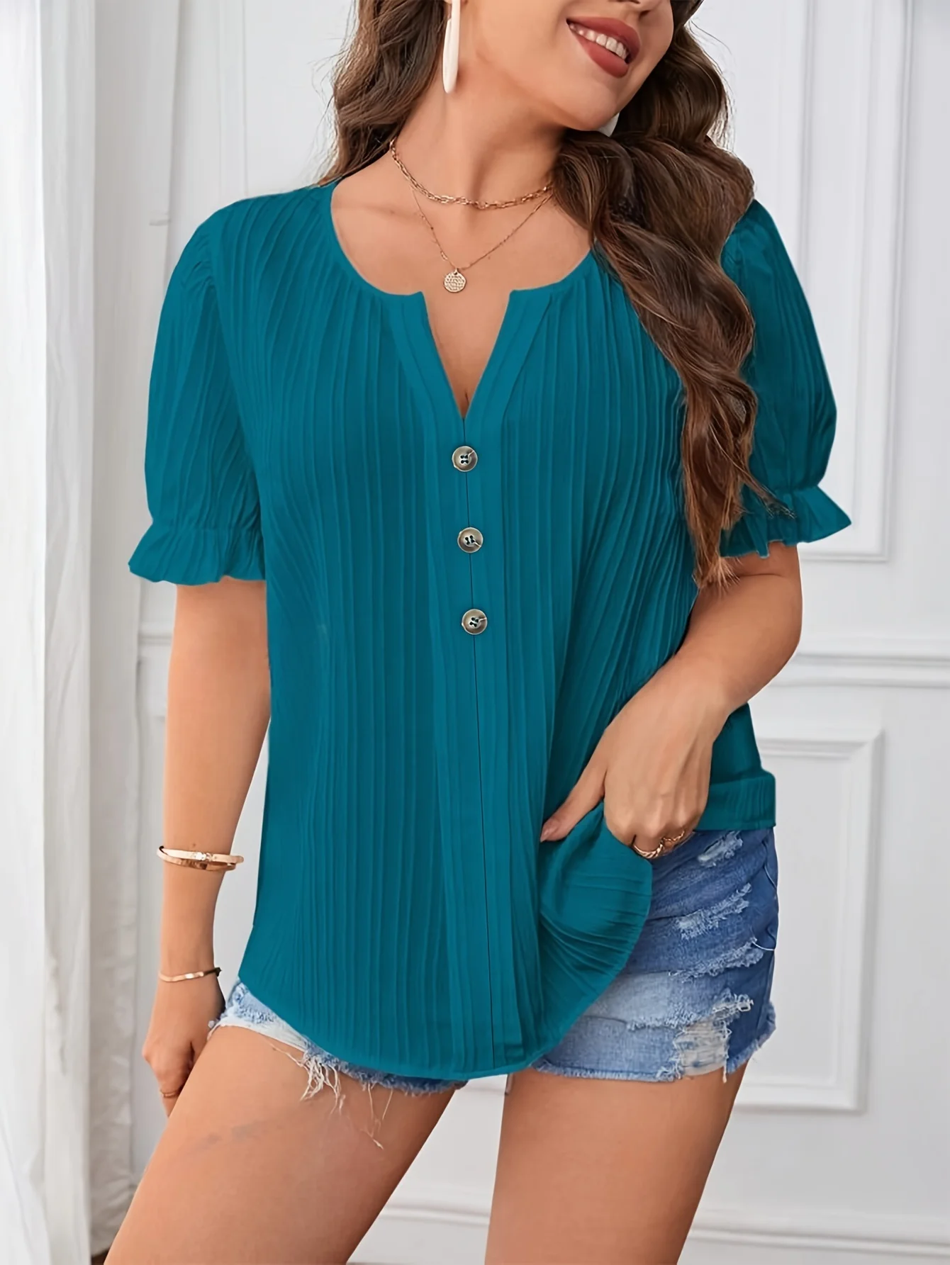 Plus Size Summer Women Elegant Solid Shirt Casual Fashion Notched V Neck Tops Office Lady Button Curve Clothing