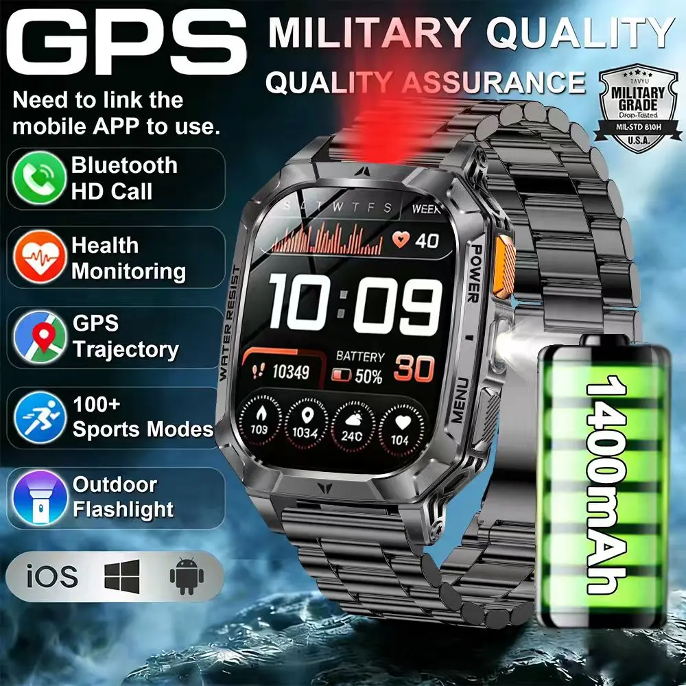 

Новые военные смарт-часы 2026 года с аккумулятором 1400 мАч, LED-фонариком, водонепроницаемостью 10ATM, измерением пульса, голосовыми вызовами, для мужчин, 120+ видов спорта