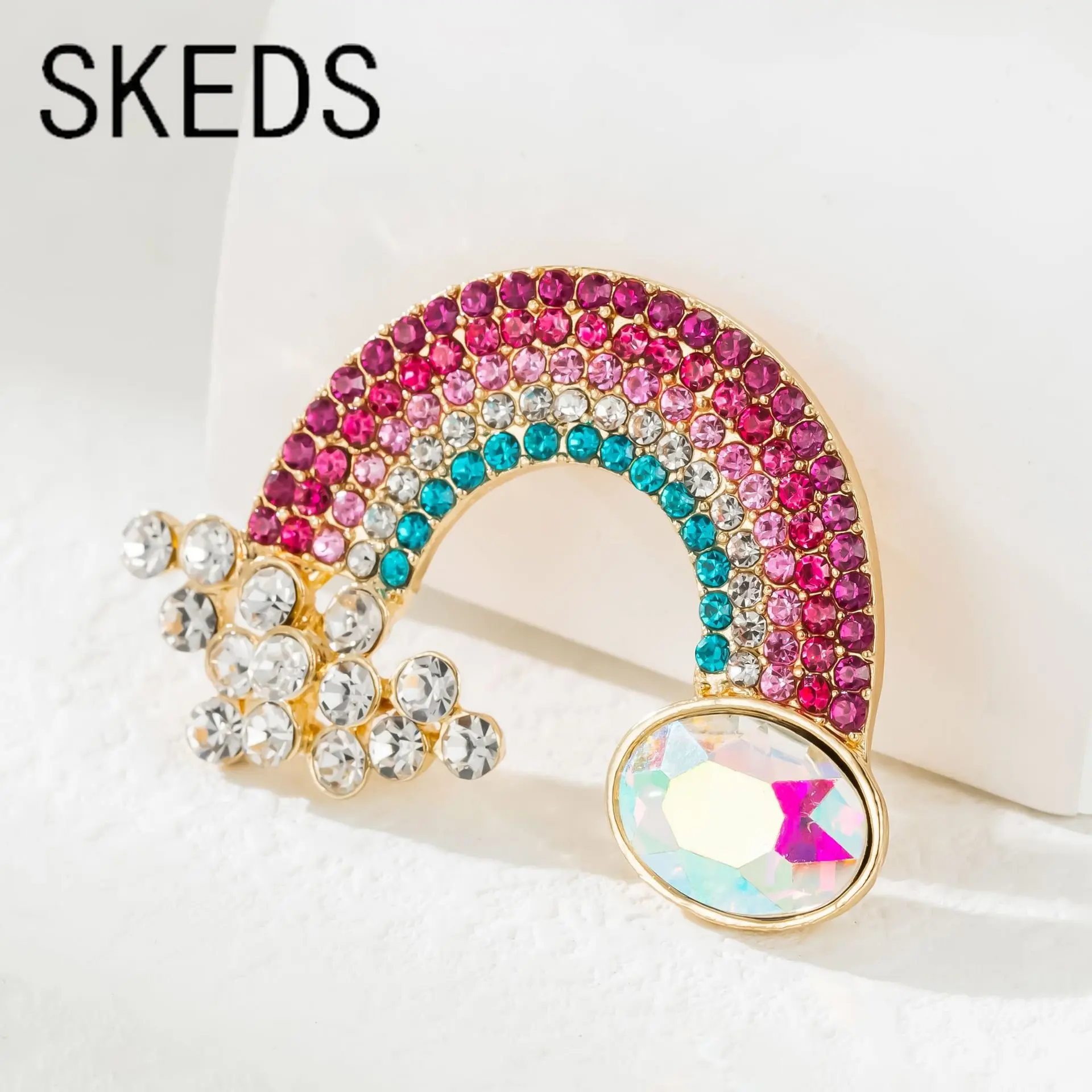 SKEDS New Creative Exquisite Colorful Rhinestone Rainbow Brooches Pins For Women Girls Fashion Design Shiny Crystal Corsage Gift