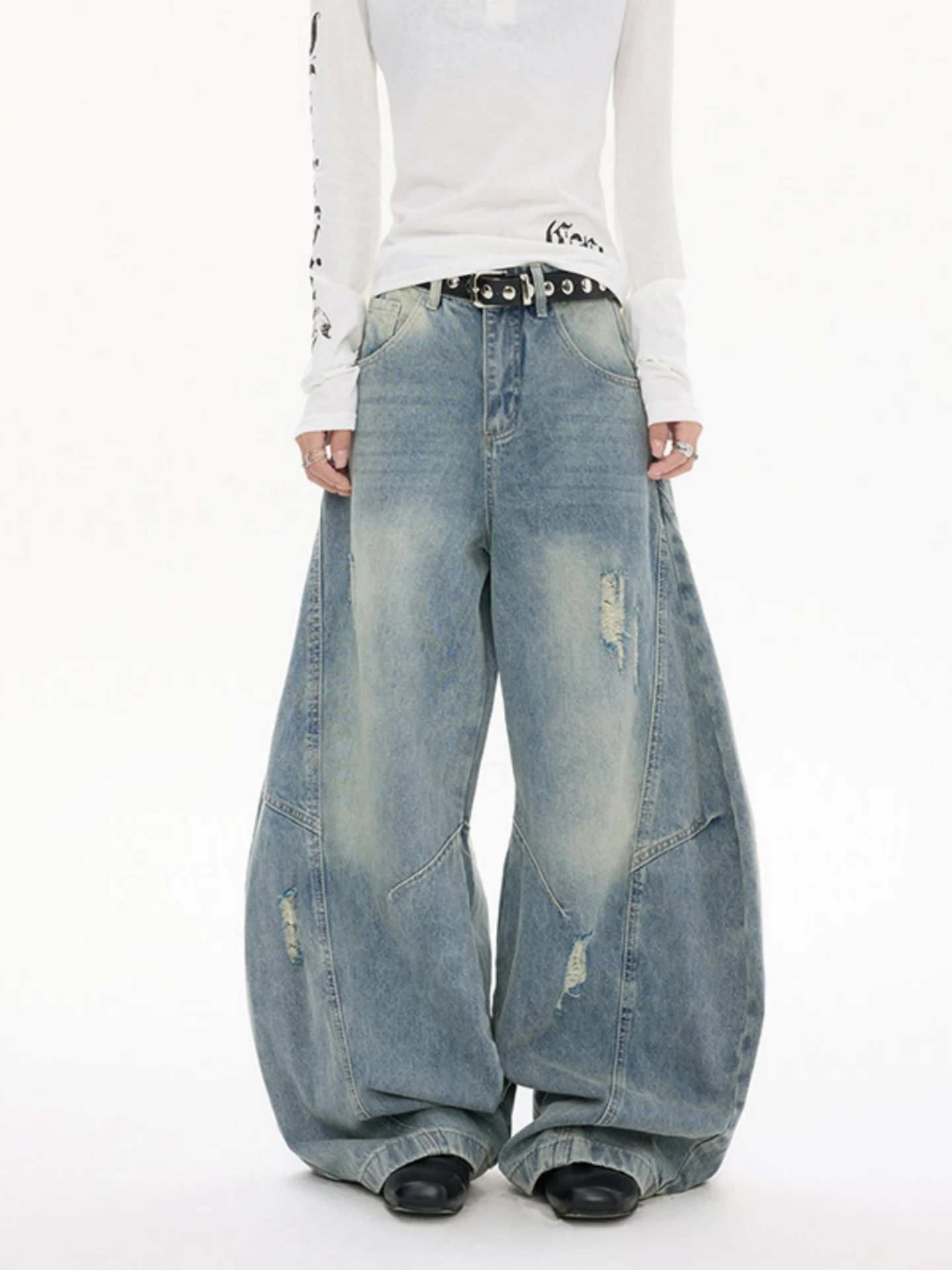 Casual Washed Denim Wide Leg Knife Pants Men Women Street Style Couple's Jeans Gradient Pattern Low Waist Zipper Closure