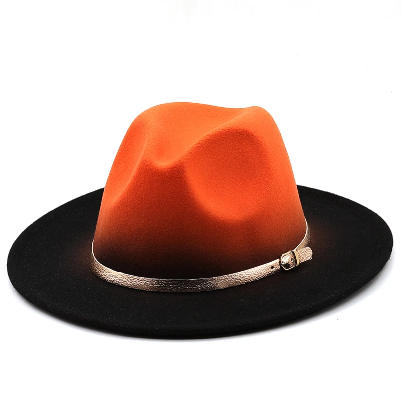 Gradient Tie Dyed Women Unisex Panama Wool Felt Fedora Hats Ladies Wide Brim Party Trilby Cowboy Hat Fashion Jazz Cap Gold Belt