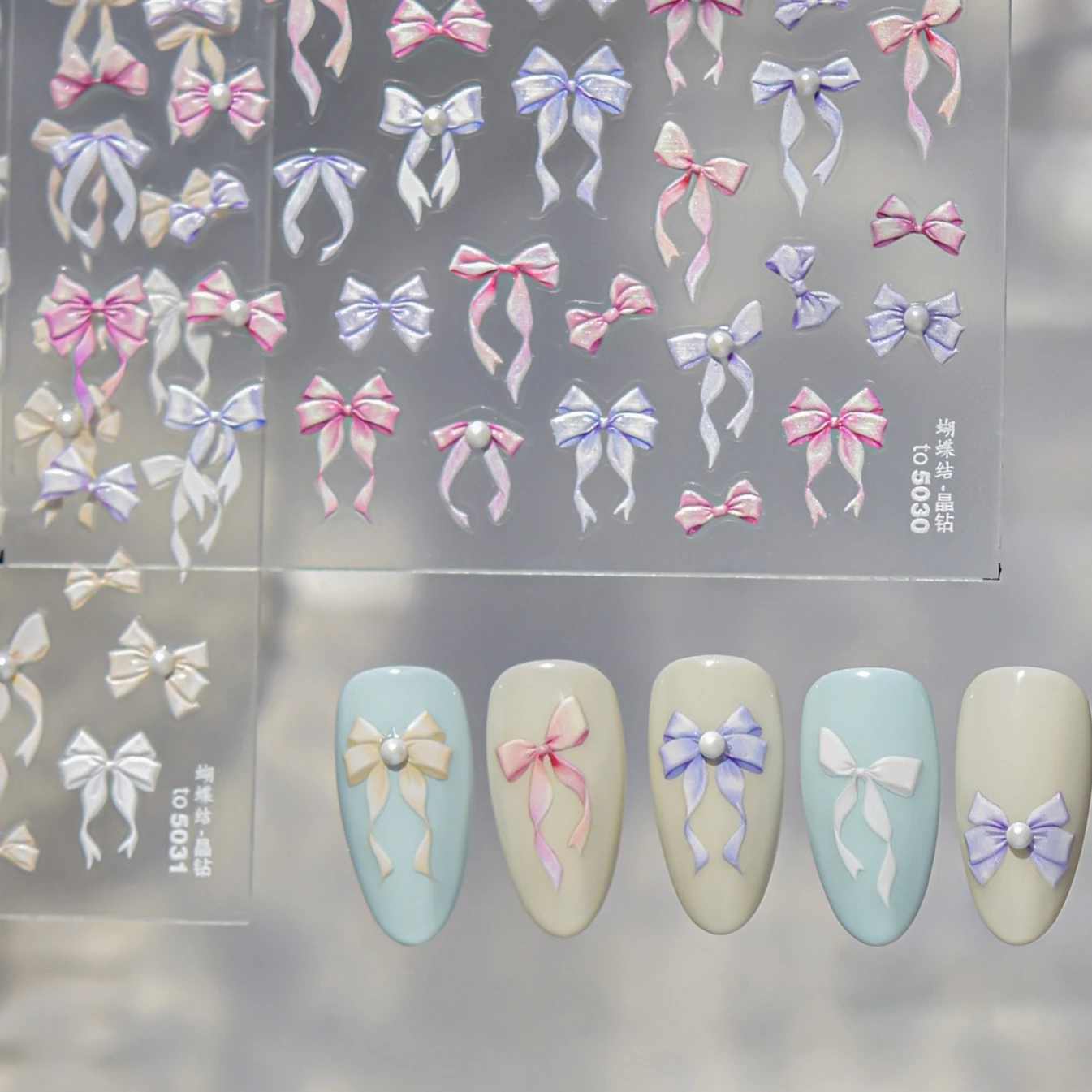 귀여운 진주 실크 리본 리본매듭 레이스 핑크 퍼플 화이트 옐로우 나비넥타이 엠보싱 5D 셀프 접착 네일아트 스티커 매니큐어 데칼