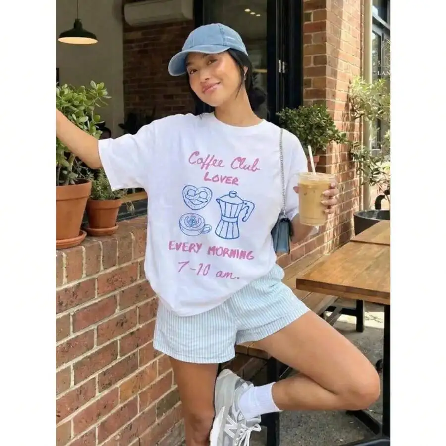 Women's Coffee Lover Graphic T-Shirt, Soft Cotton Blend Breathable Crew Neck Short Sleeve Tee, Cozy Summer Top For Daily Wear, Morning Coffee Vibes
