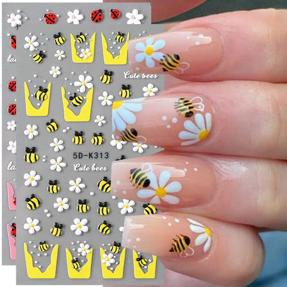 Cartoon Bee Daisy Nail Art Stickers Decals White Daisy Floral Cute Bee Self Adhesive Slider DIY Engraving Nail Art Decoration